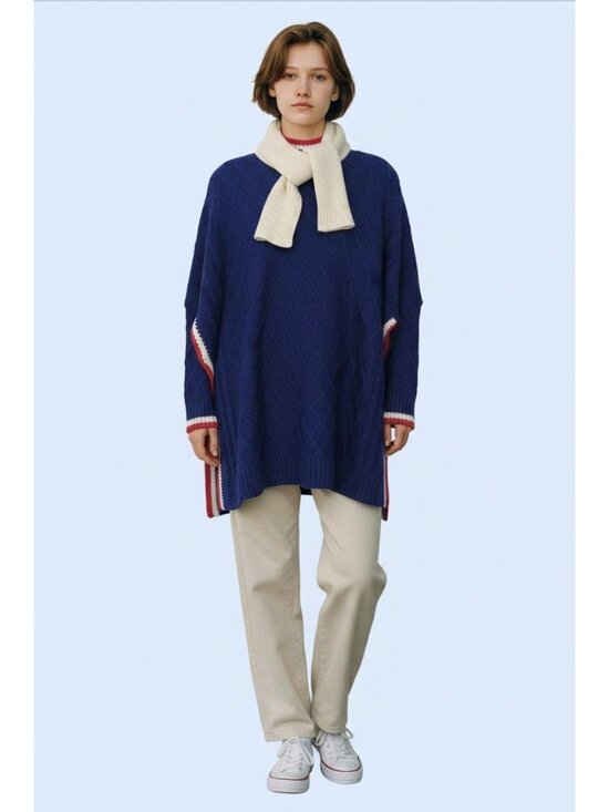 Mersea Sweaters - Mersea Sailor Sweater Womens OS Navy Blue Red White Lattice Knit Relaxed Pullove